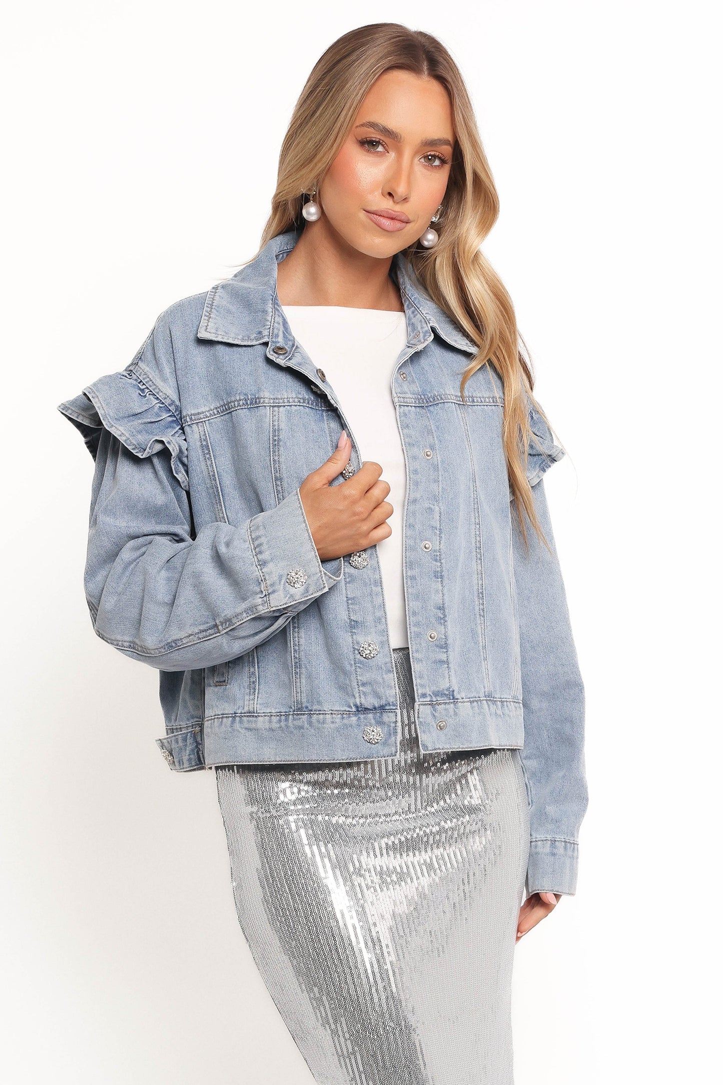 Hadley Ruffle Sleeve Denim Jacket - Mid Denim