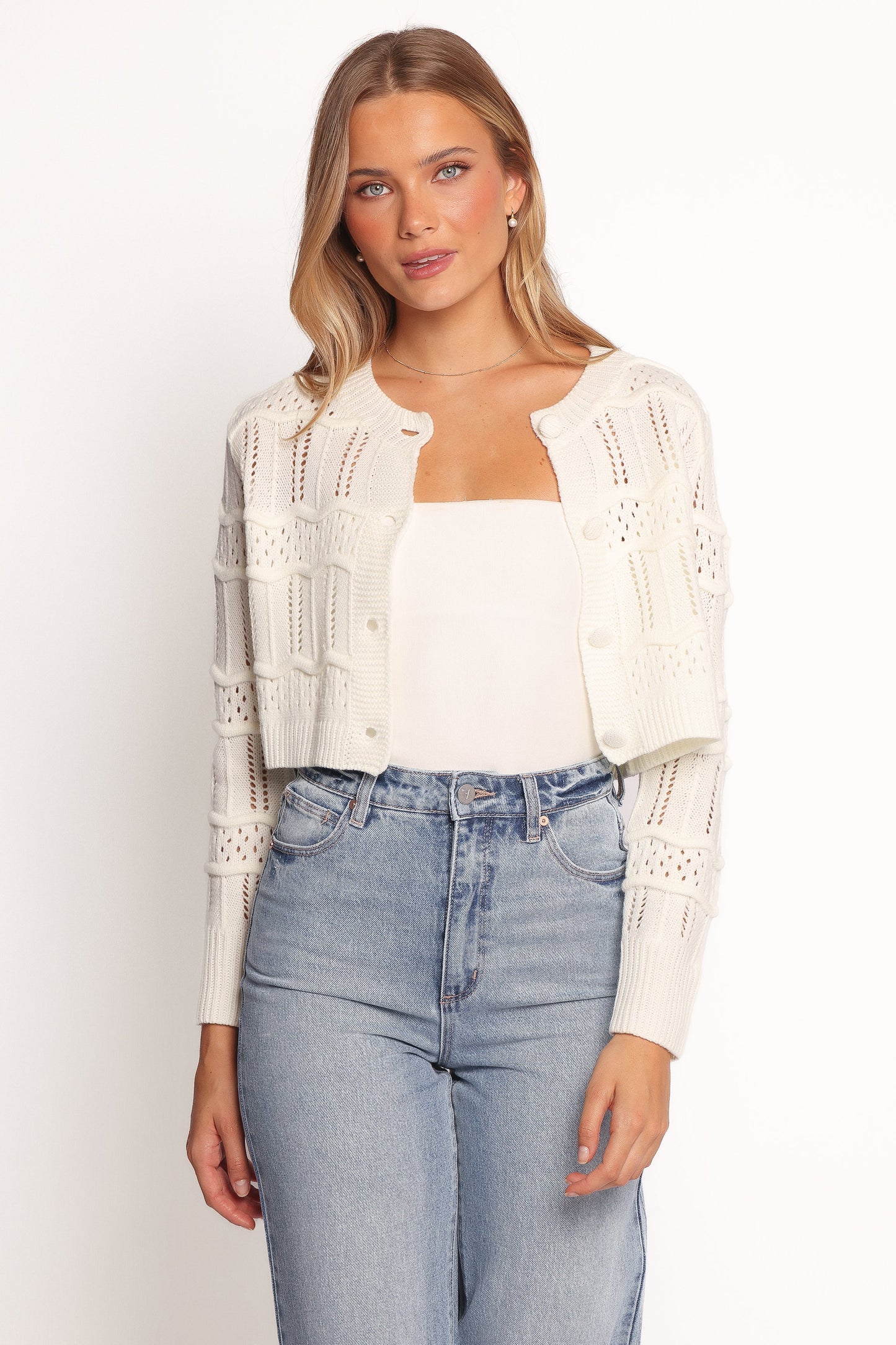 Aidy Crop Button Front Cardigan - White