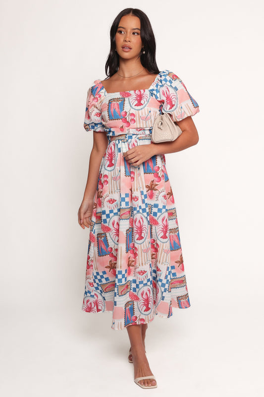 Clo Puff Sleeve Midi Dress - Pink Blue