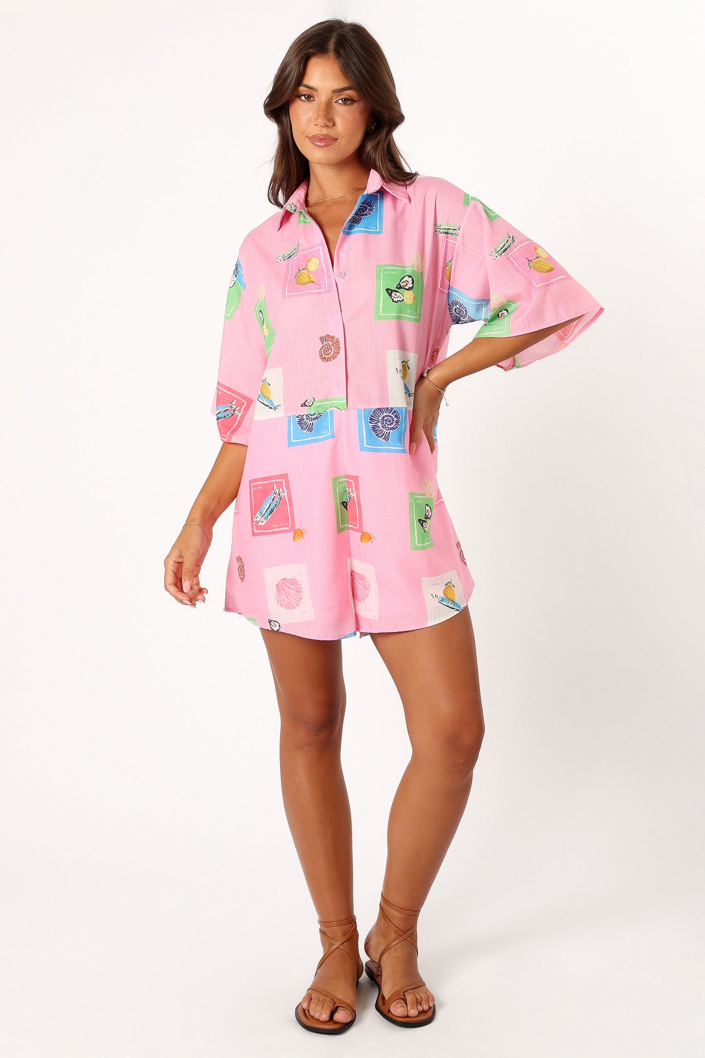 Kellie Romper - Pink Stamp Print